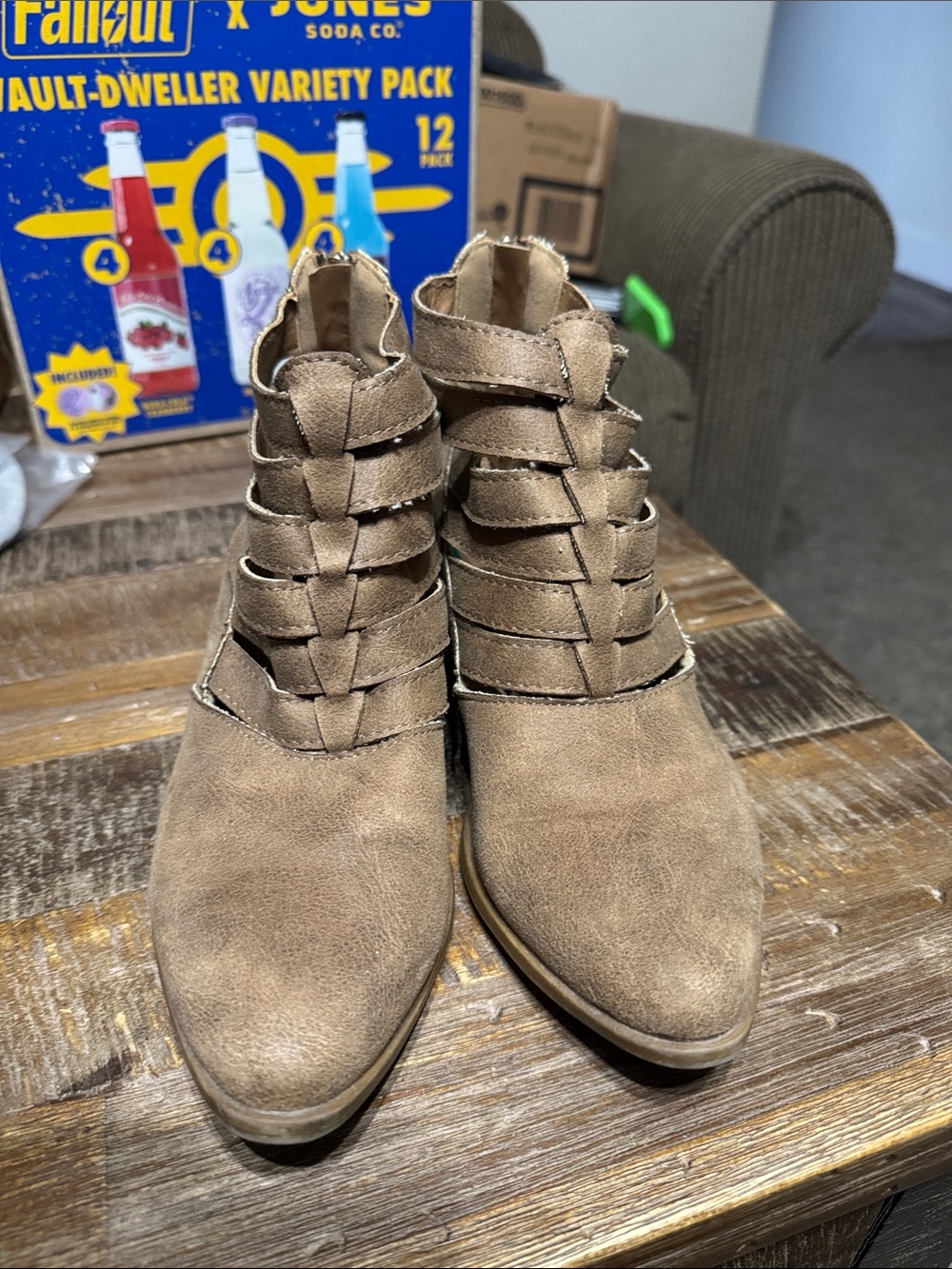 Women's Tan Suede Strappy Ankle Booties